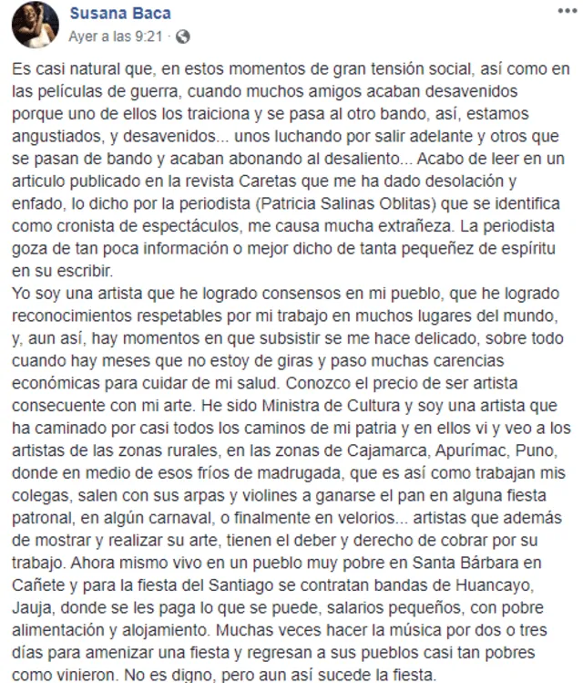 Susana Baca se manifiesta en redes sociales