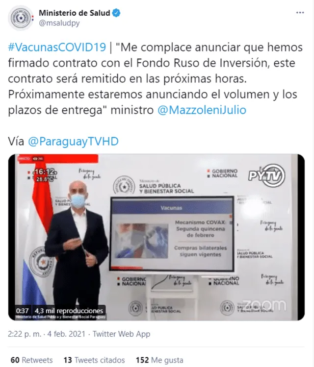 Tuit del Ministerio de Salud de Paraguay. Foto: Captura de Twitter