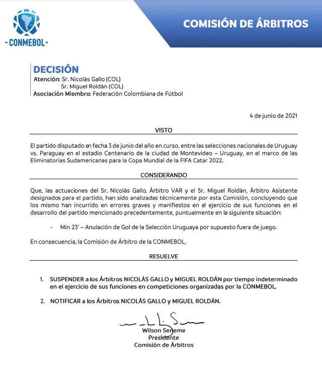 Comunicado de la Comisión de Árbitros. Foto: Conmebol