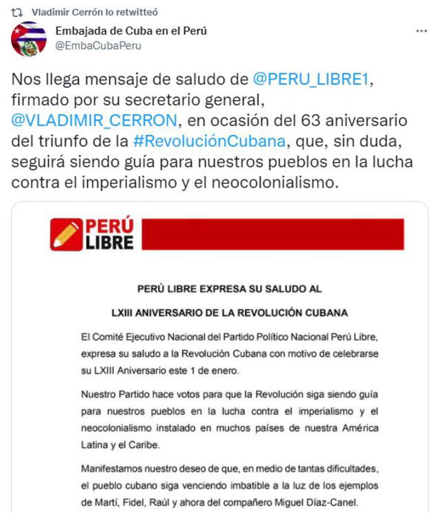Perú Libre envió mensaje por el 63 aniversario de la Revolución Cubana. Foto: Twitter