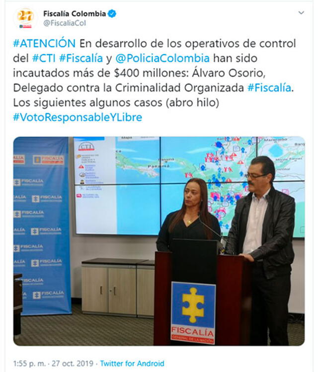 Tuit de la Fiscalía de Colombia