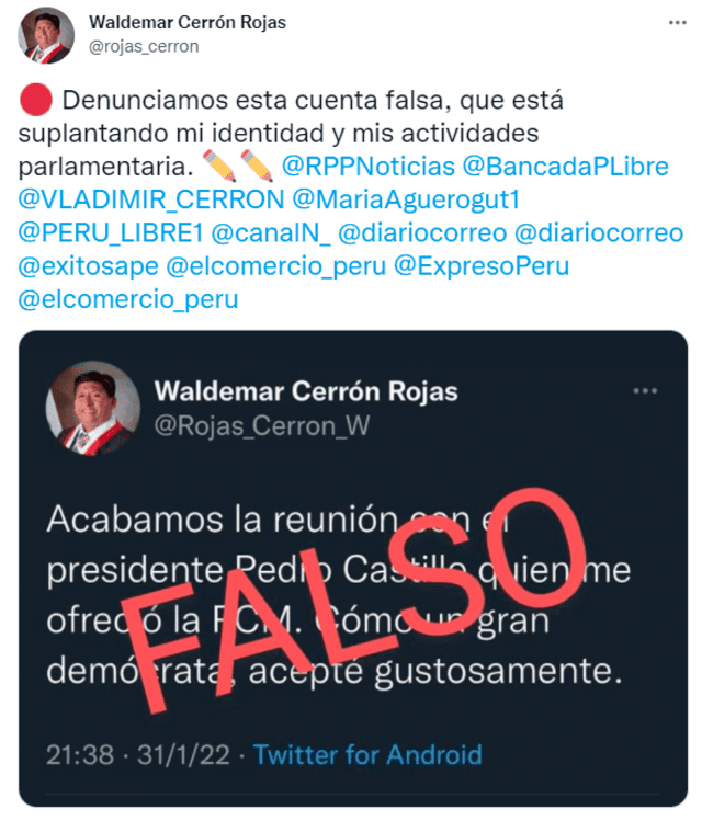 Waldemar Cerrón sostuvo que el mensaje fue publicado en otra cuenta; sin embargo, eso es falso. Foto: captura de Twitter