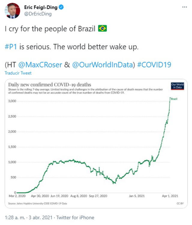 Uno de los tuits del especialista sobre la trágica situación en Brasil. Foto: captura de Twitter