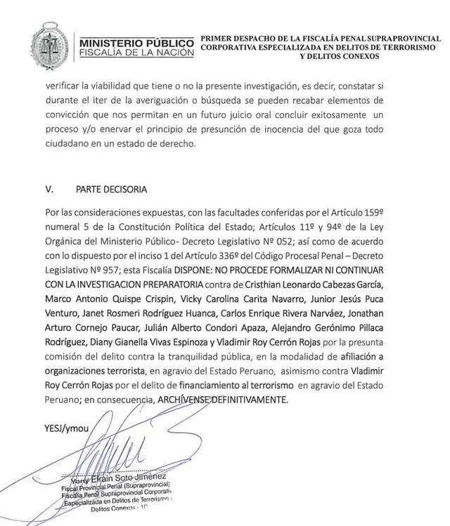 Este es el documento que detalla la decisión del Ministerio Público. Foto: X   