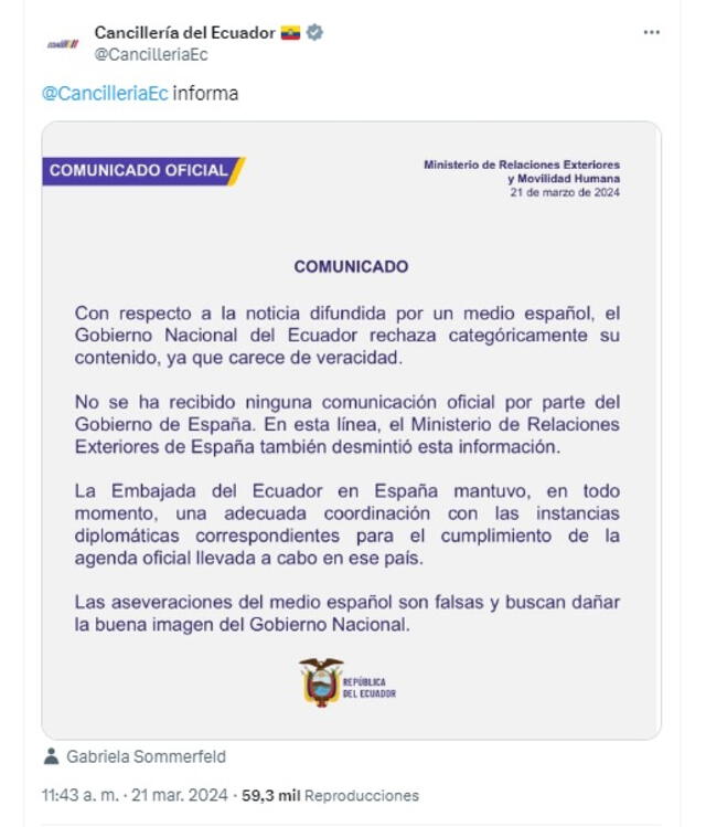 <em> Comunicado de la Cancillería de Ecuador sobre el supuesto incidente de Noboa. Fuente: captura de Twitter</em>   