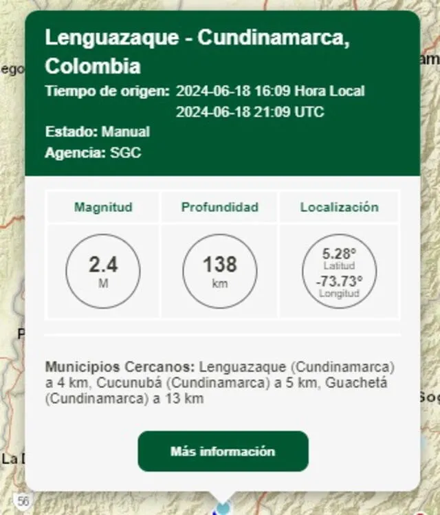 Información del último sismo en Colombia. Foto: SGC   