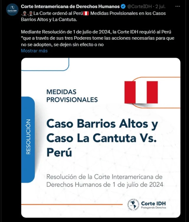 La Corte IDH ordenó al Estado peruano medidas provisionales en los Casos Barrios Altos y La Cantuta. Foto: Twitter/Corte IDH   