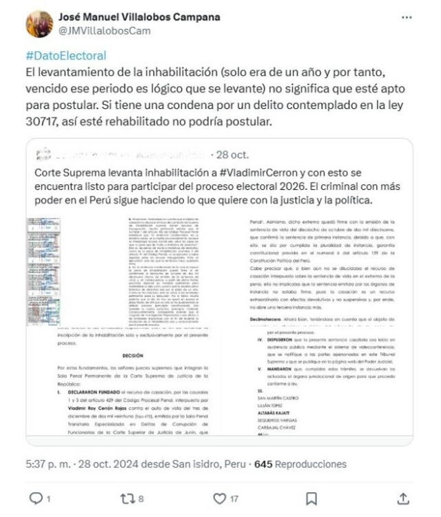 <em> Comentario del abogado José Manuel Villalobos sobre el estado legal de Vladimir Cerrón. Foto: captura de X</em>   