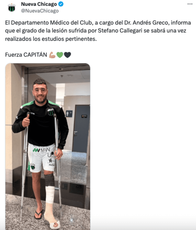 Publicación de Nueva Chicago tras lesión del defensor Stefano Callegari. Foto: captura de Twitter de Nueva Chicago   