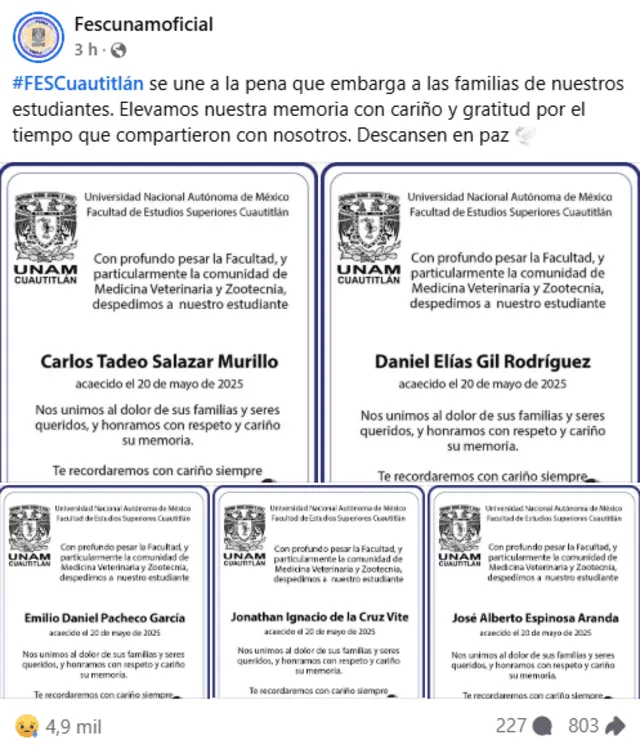 FES Cuautitlán reveló el nombre de las víctimas. | Facebook | Fescunamoficial FES Cuautitlán reveló el nombre de las víctimas. | Facebook | Fescunamoficial