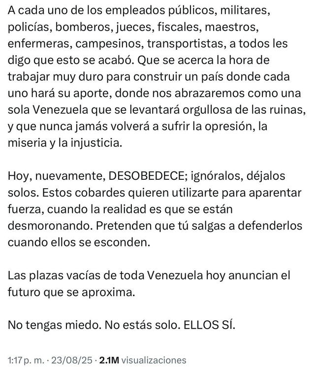 María Corina Machado se dirige al pueblo venezolano contra Maduro. Fuente: @MariaCorinaYA/X<br> María Corina Machado se dirige al pueblo venezolano contra Maduro. Fuente: @MariaCorinaYA/X<br>
