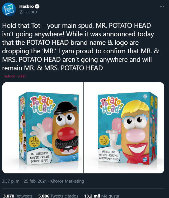 Anuncio de la modificación de la marca Potato Head. Foto: Twitter Hasbro