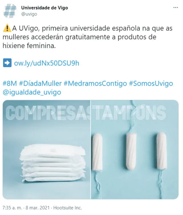La Universidad de Vigo anunció la entrega gratuita de productos de higiene menstrual de forma gratuita. Foto: captura Twitter