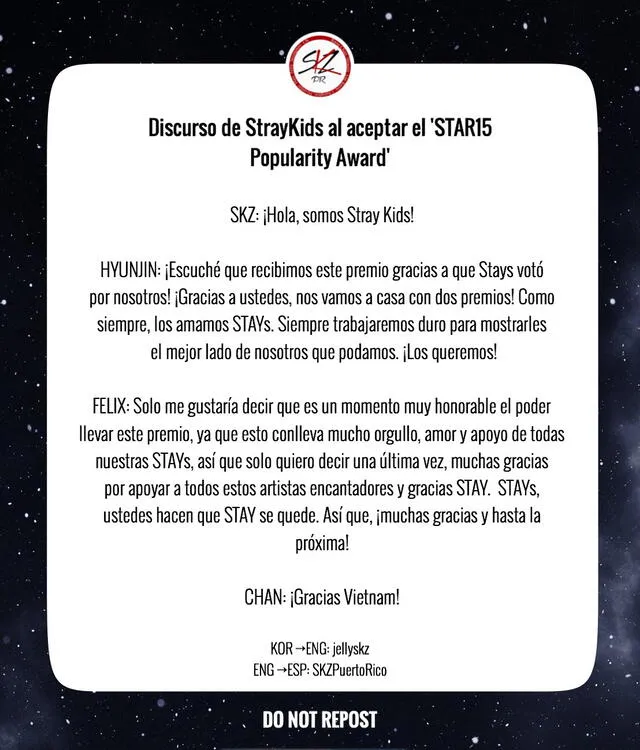 Discurso de agradecimiento de Stray Kids traducido por miembros de STAY.