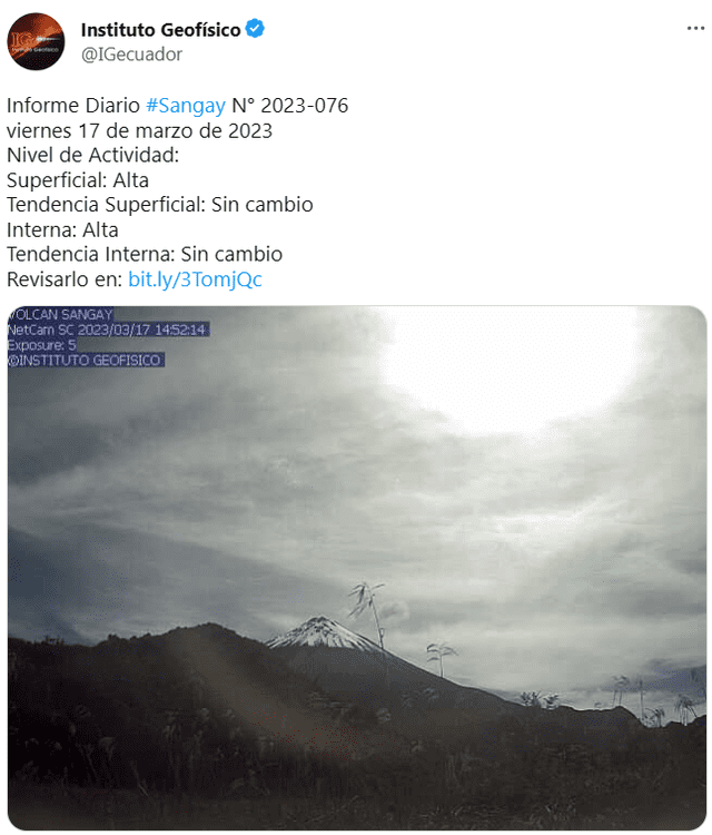 Último reporte del volcán Sangay. Foto: IGE