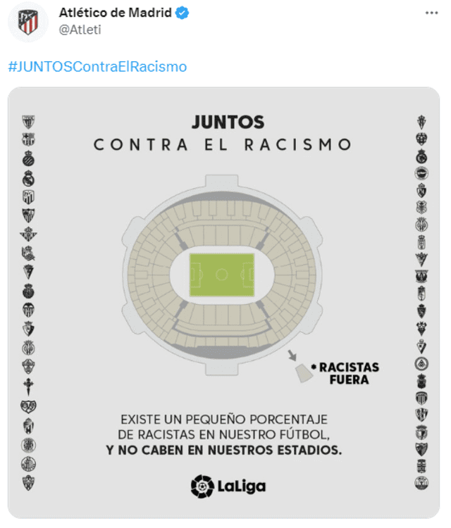 Tweet del Atlético de Madrid contra el racismo en la liga española. Foto: Twitter/Atleti 