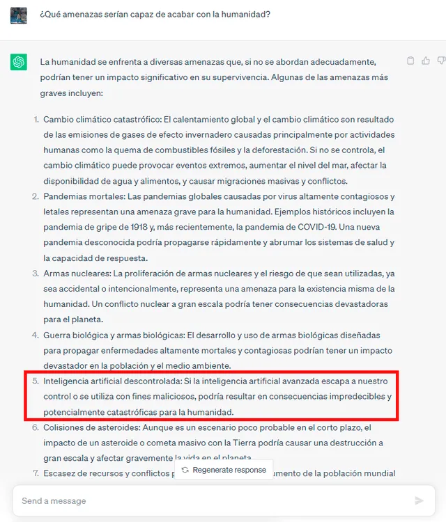 ChatGPT revela qué amenazas serían capaces de terminar con la humanidad. Foto: captura de pantalla   