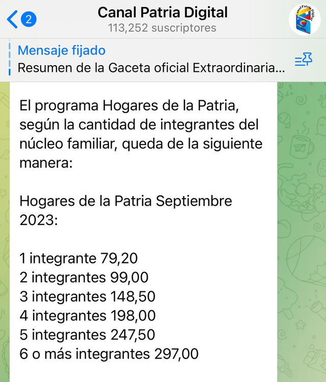  Esta es la tabla actualizada de Hogares de la Patria, septiembre 2023. Foto: Canal Patria Digital/ Telegram   
