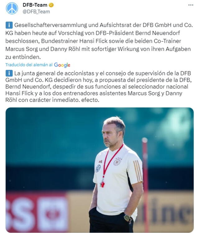 Comunicado de la selección alemana sobre Hans-Dieter Flick. Foto: captura de DFB-Team/X   