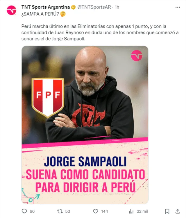  Jorge Sampaoli suena en Perú, según informan en Argentina. Foto: captura/X TNT Sports   