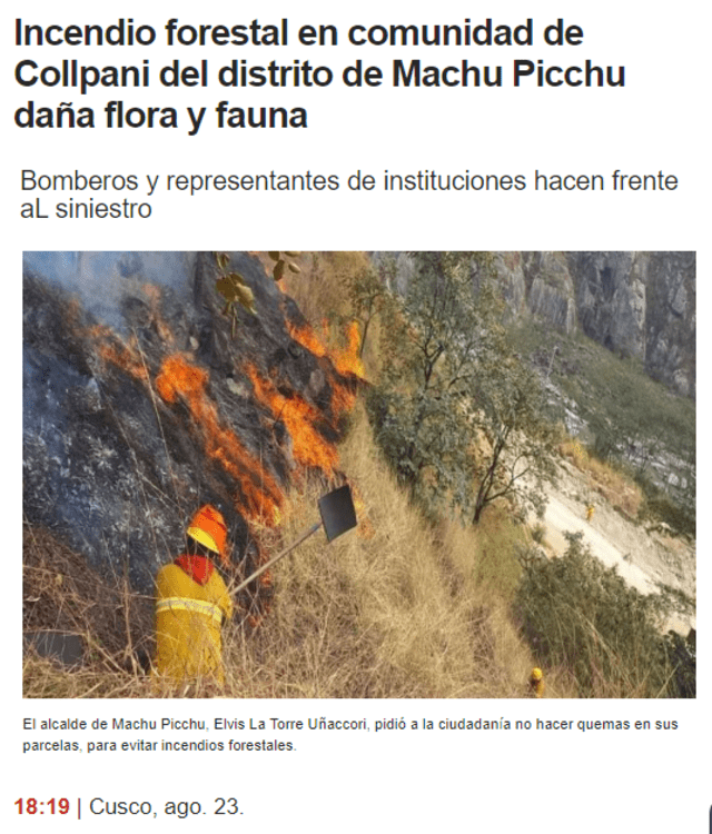  Foto relacionada a un incendio forestal en Perú fue publicada en 2023. Foto: captura en web / Andina.&nbsp;<br><br>    