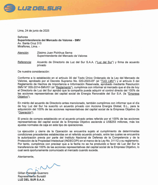 Luz del Sur comunicó a la SMV acuerdo de compra de Acciona Energía Global.   