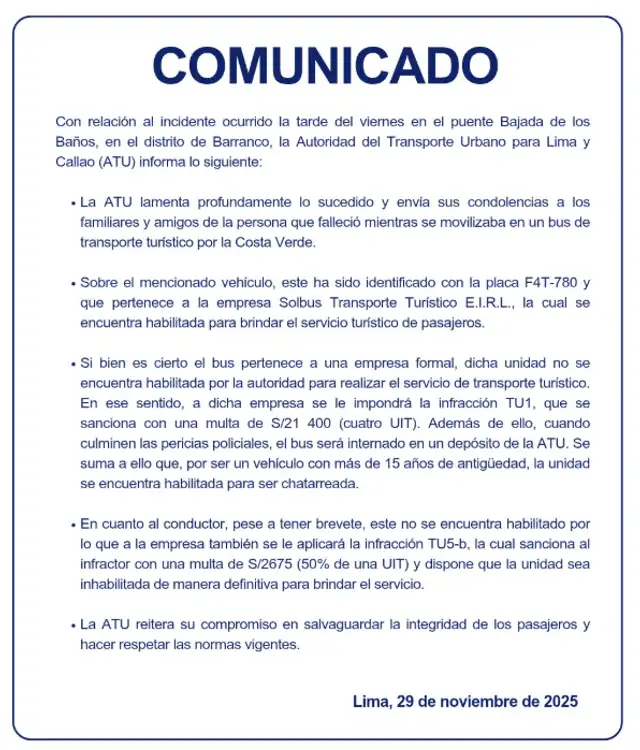 Comunicado sobre la ATU tras el incidente. Foto: X   