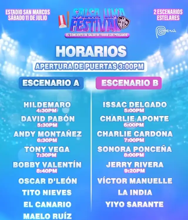 Con 17 íconos de la salsa, el festival contará con dos escenarios y un horario de presentaciones que inicia desde las 3:00 p.m. hasta la medianoche, asegurando casi 10 horas de espectáculo.
