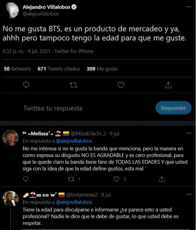 Alejandro Villalobos y su tuit contra BTS. Foto: captura Twitter