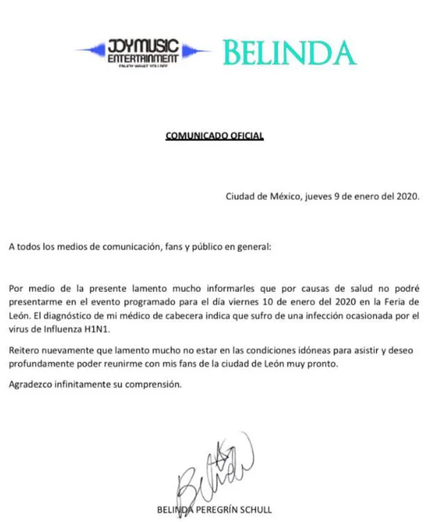 Belinda - comunicado
