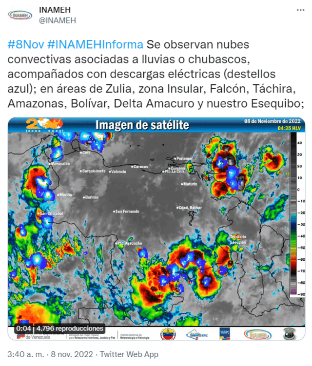 El Inameh informa que se ha formado nubosidad convectiva asociadas a lluvias o chubascos, acompañados con descargas eléctricas. Foto: @INAMEH/ captura de Twitter