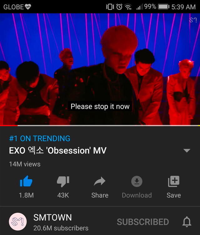 "Obsession" de EXO se posicionó como tendencia mundial el YouTube. 28 de noviembre 2019.