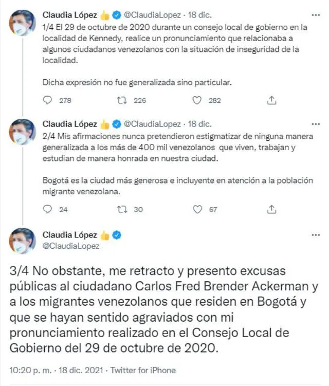 Alcaldesa de Bogotá se rectracta sobre cometarios xenófobos emitidos contra migrantes venezolanos en la ciudad. Foto: captura de Twitter