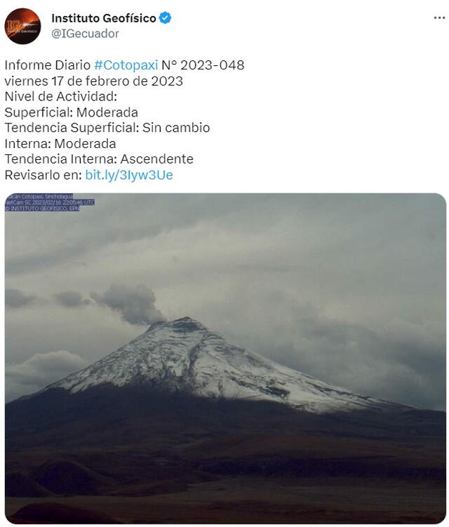  Volcán Cotopaxi HOY, 17 de febrero. Foto: IGecuador/ Twitter    