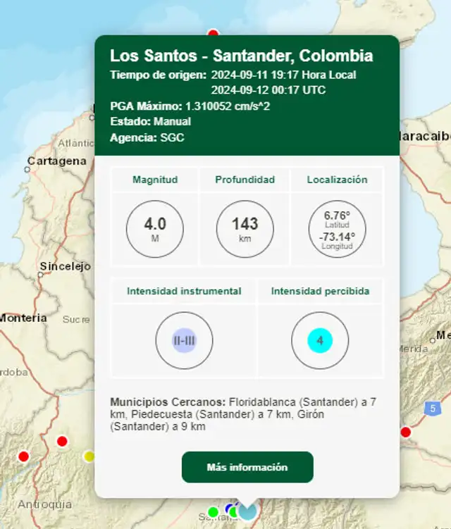 Último temblor hoy en Colombia. Foto: SGC Último temblor hoy en Colombia. Foto: SGC