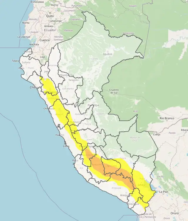 Zonas afectadas por las bajas temperaturas. Fuente: Senamhi Zonas afectadas por las bajas temperaturas. Fuente: Senamhi