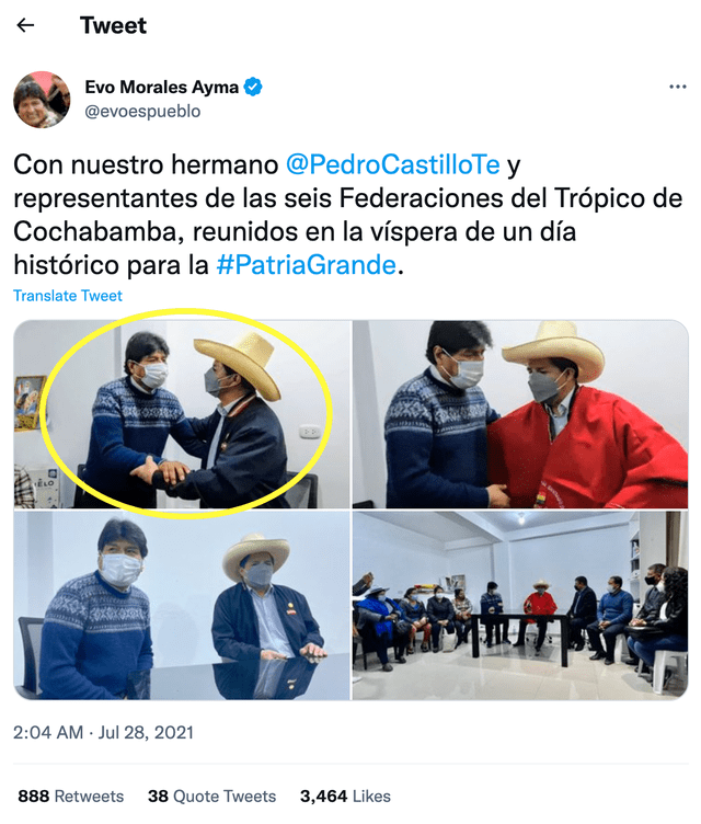 Publicación de Evo Morales sobre reunión con Pedro Castillo en Lima. Foto: captura LR/Twitter.