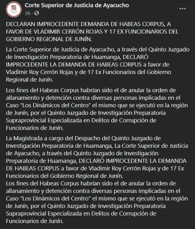 Publicación de la Corte Superior de Justicia de Ayacucho.
