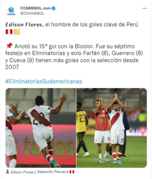 Conmebol destaca gol de Edison Flores ante la selección ecuatoriana.
