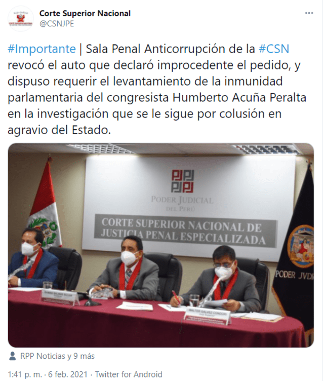 Sala Penal ordena que se solicite el levantamiento de inmunidad parlamentaria de Humberto Acuña.