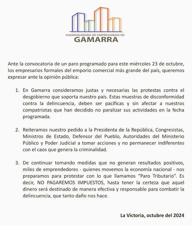  Comunicado de la Coordinadora de Empresarios de Gamarra    