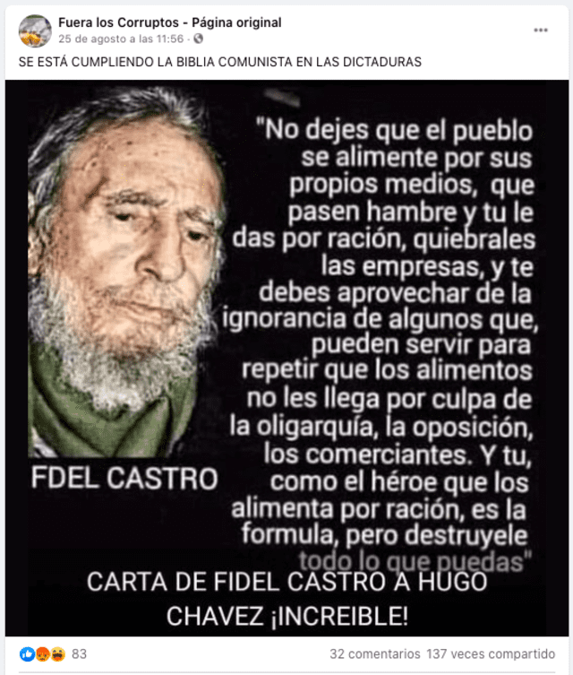 Publicación viral sobre Fidel Castro. Foto: Facebook