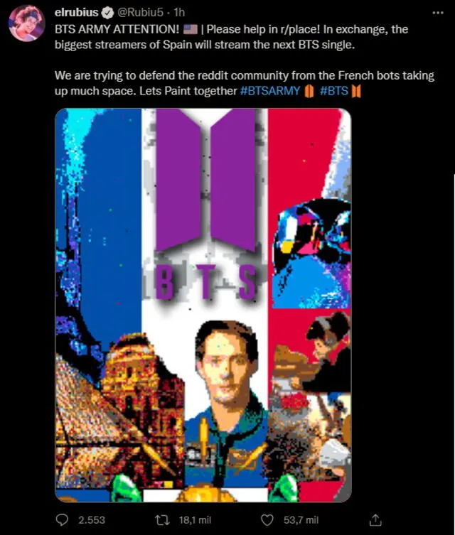 El Rubius pidiendo ayuda a ARMY para el lienzo, prometiendo stream de BTS. Foto: captura Twitter.