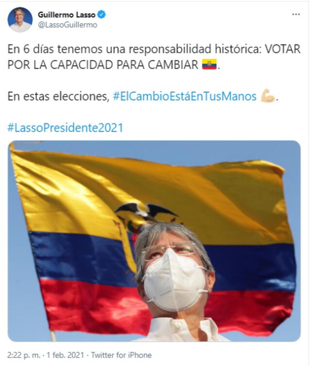 Así como otros candidatos de la derecha en América Latina, el discurso de Lasso pasa por apostar al cambio. Foto: captura de Twitter