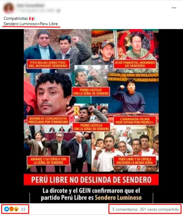 Publicación viral en el que se afirma que la Dircote habría confirmado que Perú Libre es Sendero Luminoso. Foto: Captura de Facebook.