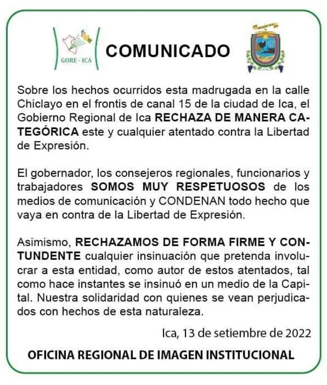 Comunicado Gobierno Regional de Ica