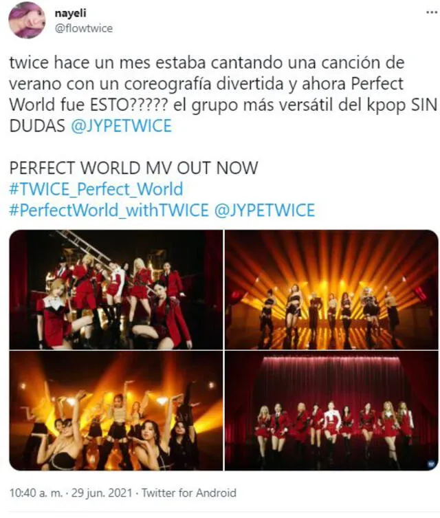 ONCE comenta el MV "Perfect world de TWICE". Foto: captura Twitter/@flowTwice