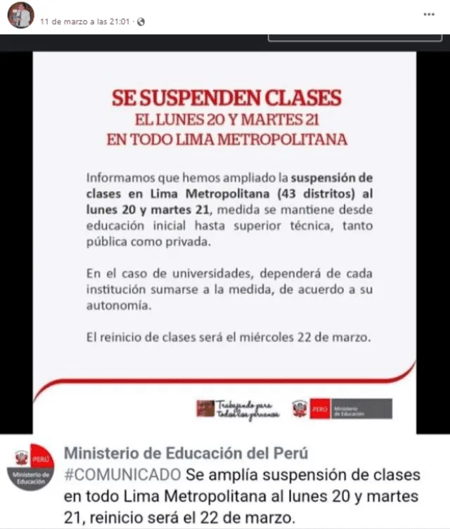  Imagen difundida con el supuesto comunicado del Ministerio de Educación sobre el inicio de clases en marzo del 2023. Foto: captura LR/Facebook.    