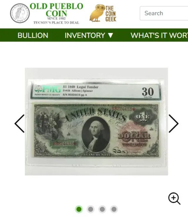  Página donde puedes encontrar este billete arcoíris de 1 dólar. Foto: Old Pueblo Coin<br>    