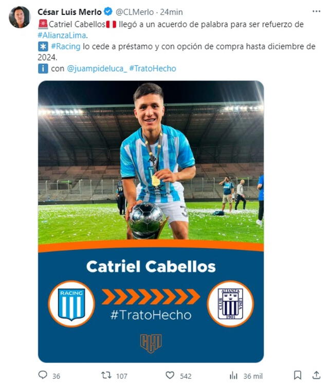  Alianza Lima concretaría el fichaje de Catriel Cabellos. Foto: captura X   